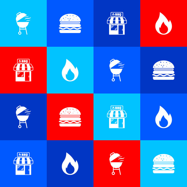 设置烧烤架，汉堡，购物大楼和火火焰图标。向量图片下载