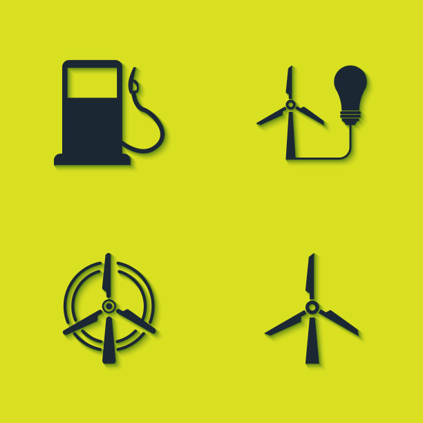 设置汽油或加油站，风力涡轮机，旋转风和灯泡与图标。向量图片下载