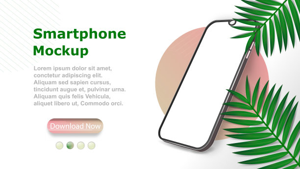 智能手机框架与空白屏幕在热带设置与棕榈叶。现实的智能手机模型。矢量设计，现实，智能手机模板。图片下载