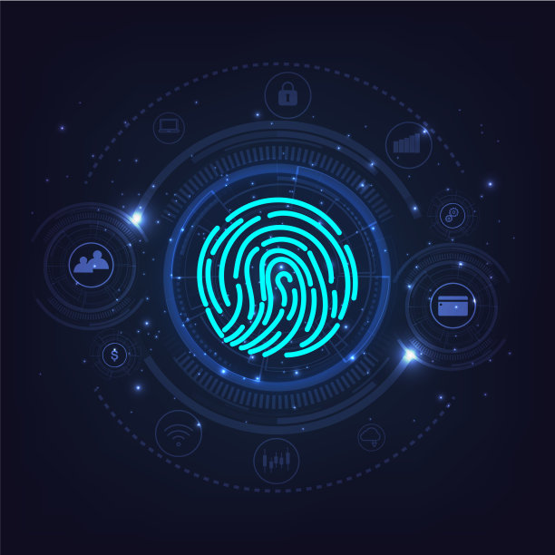 深蓝色技术背景上的指纹扫描。图片下载