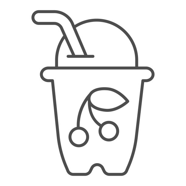 玻璃与樱桃酸奶细线图标，冰淇淋概念，樱桃鸡尾酒矢量标志在白色的背景，杯与酸奶轮廓风格的移动概念和网页设计。矢量图形。图片下载