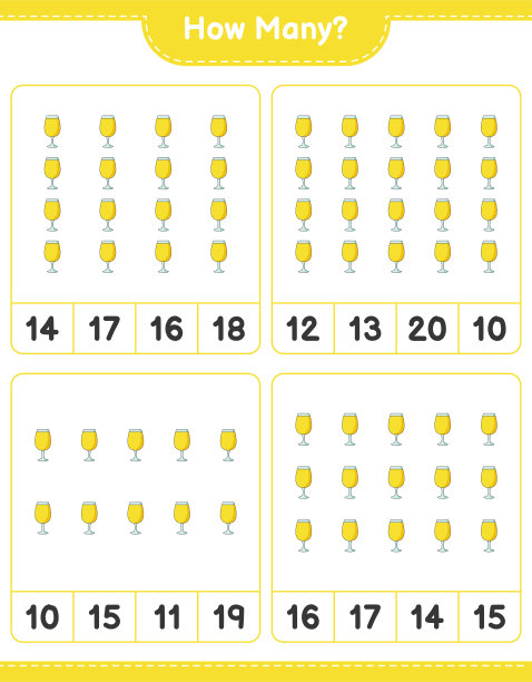 数游戏，多少杯鸡尾酒。教育儿童游戏，可打印的工作表，矢量插图图片下载