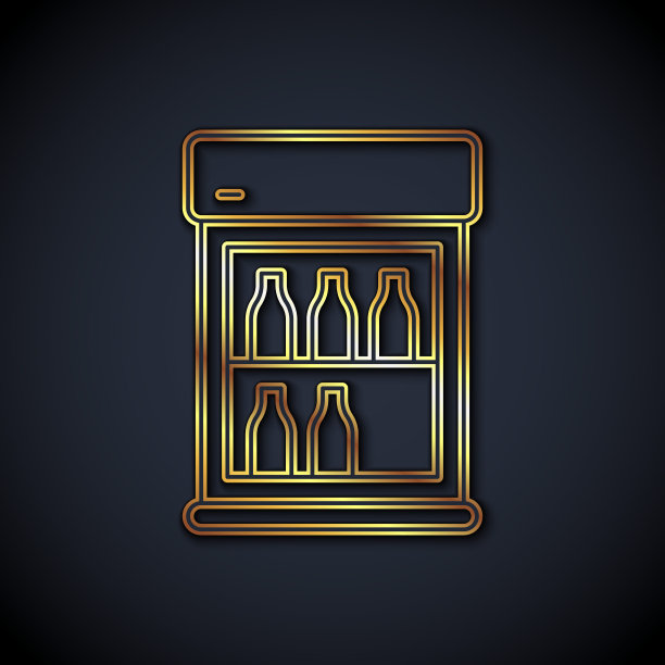 黄金线商业冰箱储存饮料图标孤立在黑色背景。商店或超市的易腐物品。向量图片下载