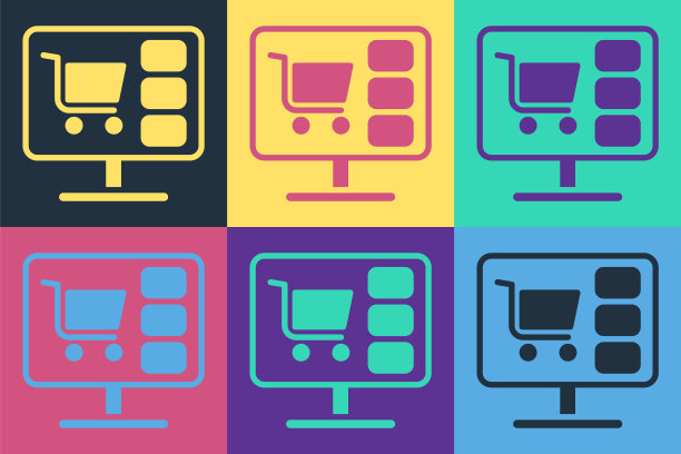 流行艺术购物车在屏幕上计算机图标孤立的颜色背景。概念电子商务、电子商务、网上商务营销。向量图片下载