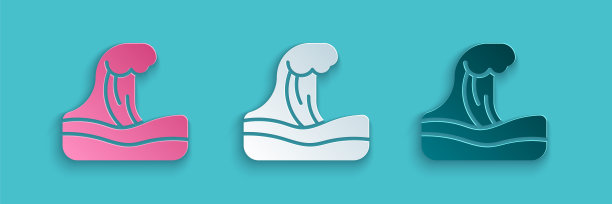 剪纸海啸图标孤立在蓝色背景。洪水灾难。海边、海洋或海浪或海啸的暴风雨天气。纸艺术风格。向量图片下载