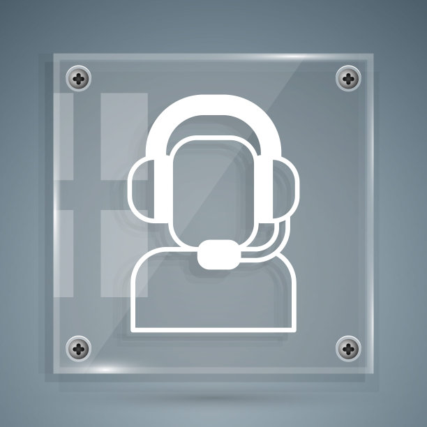 白人与耳机图标孤立在灰色背景。联系支持操作员。呼叫中心、客户支持服务的概念。方形玻璃面板。向量图片下载