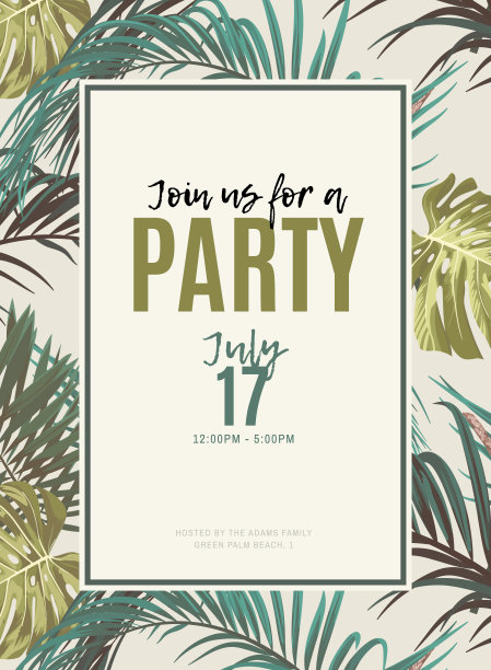 复古的热带设计与异国情调的怪物和皇家棕榈叶，蓝色金刚鹦鹉和树枝。矢量插图。图片下载