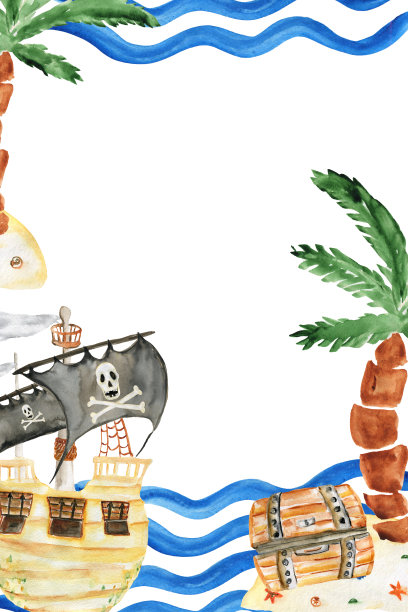 水彩海盗贺卡派对和生日派对。打印。孩子的生日聚会图片下载
