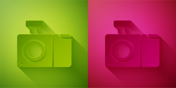 剪纸照片相机图标孤立在绿色和图片下载