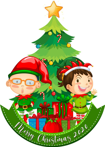 圣诞快乐2020字体横幅与可爱的小精灵图片下载