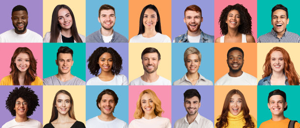 各种各样表达积极情绪的年轻人的拼贴画图片下载