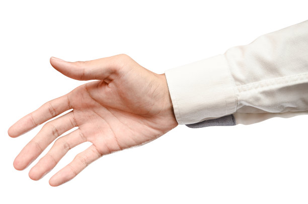 商务男白种人伸手准备握手或协助。手势孤立在白色背景。图片下载