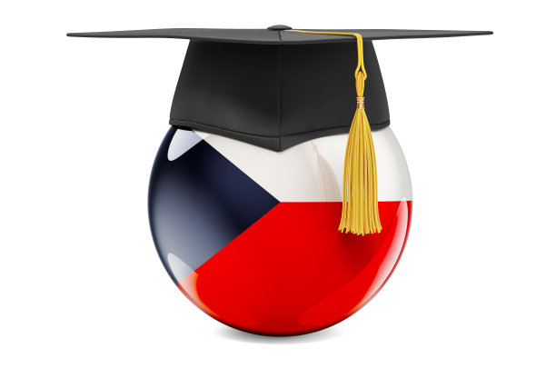 捷克共和国的教育理念。捷克国旗与毕业帽，3D渲染孤立在白色背景图片下载
