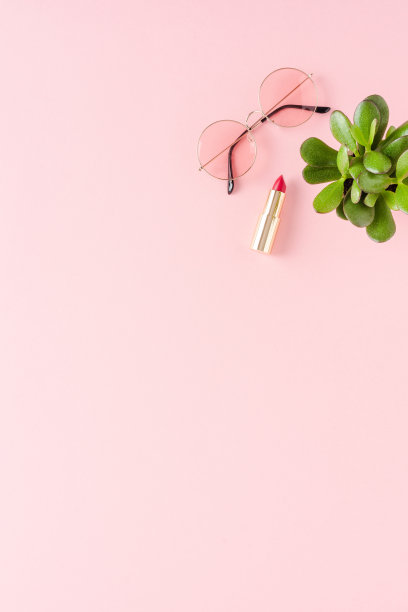 时尚背景太阳镜，口红和植物图片下载