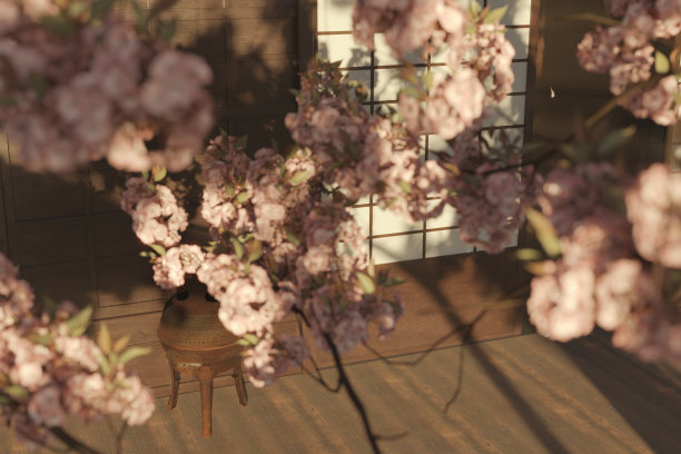 3d渲染的日本樱桃树叶在木制正治门前图片下载