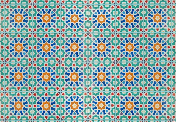 色彩斑斓的花卉图案马赛克墙面纹理背景。图片下载