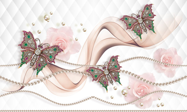 3D壁纸，淡粉色玫瑰，蝴蝶，白色抽象背景图片下载