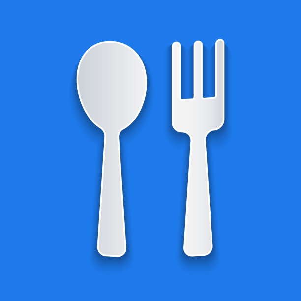 剪纸叉子和勺子图标孤立在蓝色图片下载