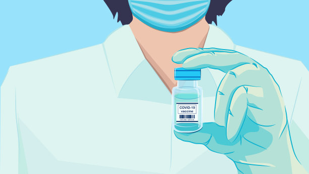 医生手里拿着一瓶COVID-19疫苗，戴着橡胶手套和防护口罩，配有插图。图片下载