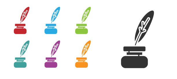 黑色羽毛和墨水瓶图标孤立在白色图片下载