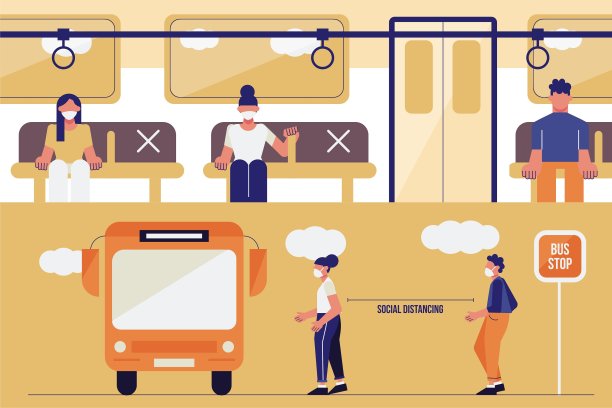 在公共汽车站与戴口罩的人保持社交距离的概念。椅子之间保持距离，保持社交距离，避免传播疾病图片下载