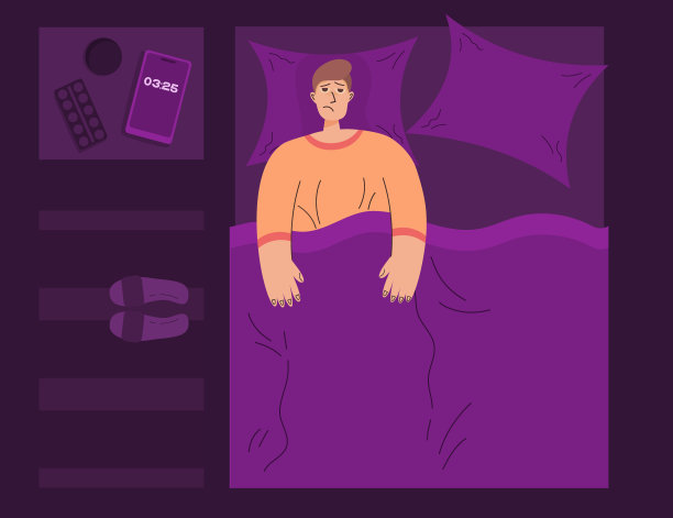 概念失眠。晚上，躺在床上，累了的人睡不着，旁边的手机，药片与水。矢量插图平面线性风格。失眠与健康，过度夸张者图片下载