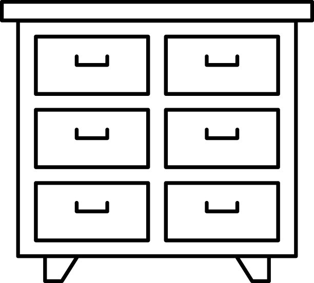卧室衣柜或抽屉柜矢量图标设计，室内设计符号，家庭办公室装饰标志，住宅和商业装饰库存插图，木制六抽屉橱柜概念图片下载