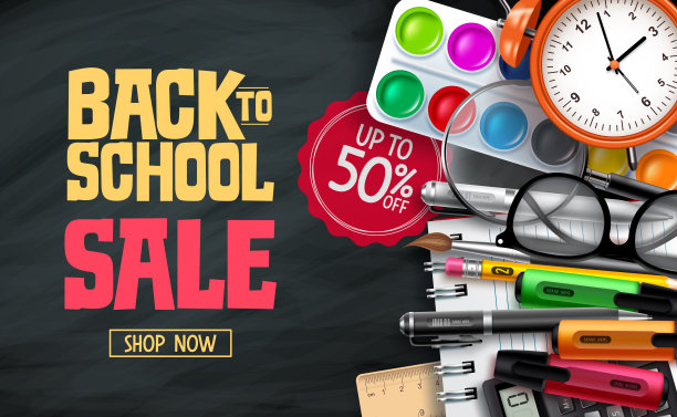 回校销售矢量横幅设计。带着五折教育用品回到学校宣传文本图片下载