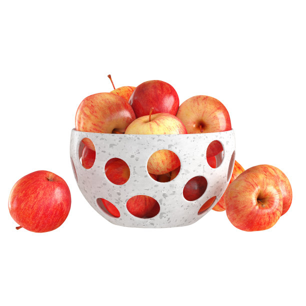 红的、黄的、成熟的苹果躺在一个白色的装饰碗里，碗上有圆洞，背景孤立。3 d渲染。图片下载