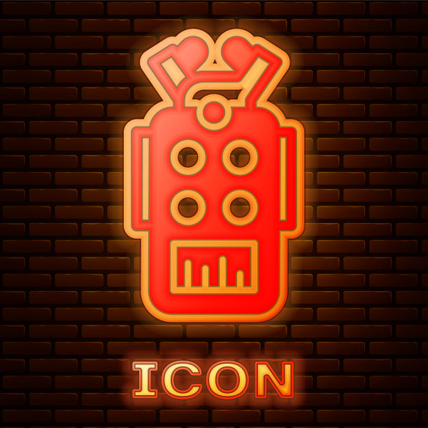 发光的霓虹灯麦克风图标隔离在砖块上图片下载