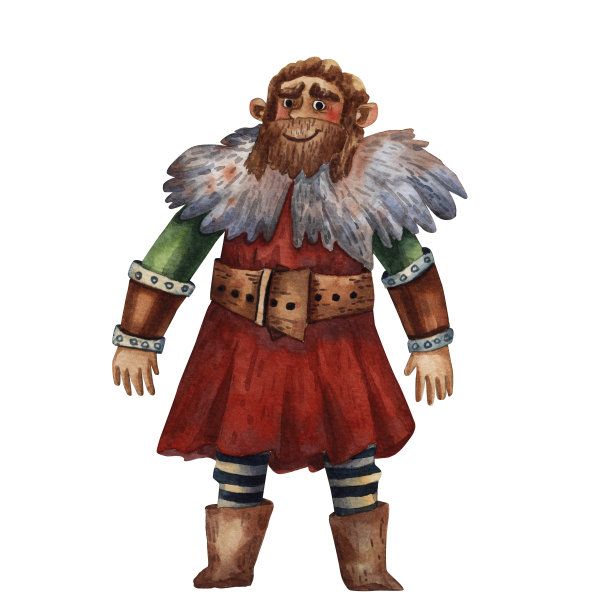 卡通插图有趣的海盗。大男人的肖像。旧衣服，胡子和头盔。古代斯堪的纳维亚人。可爱的卡通人物。Medirval海盗。传统的人的肖像。图片下载