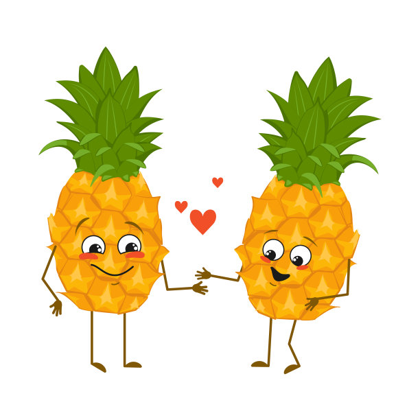 可爱的菠萝角色有爱的情绪，脸，胳膊和腿。滑稽或快乐的食物英雄，水果坠入爱河图片下载