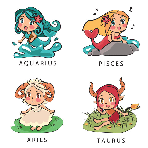 可爱的星座系列，女孩套装:水瓶座，双鱼座，白羊座，金牛座预言未来，占星术，炼金术，灵性，神秘主义，时尚。图片下载
