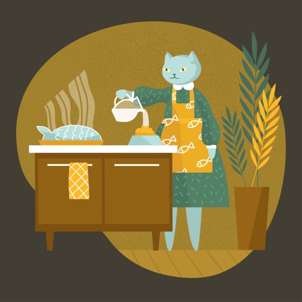 猫和衣服在厨房。烹饪。有趣的动物的生活。烤鱼，牛奶，家庭植物，食物，饭菜，围裙。矢量插图。卡通风格。平的。动物的生命，鱼类的点缀，营养，饲料。图片下载
