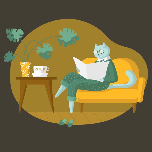 猫在家里。有趣的角色。沙发、桌子、牛奶杯、植物、拖鞋、玻璃杯、报纸。矢量插图。卡通风格。平的。孤独，动物，快乐，呆在家里。图片下载