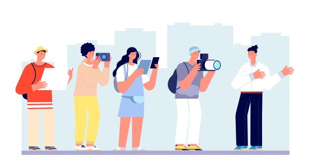 导游。人旅游度假，女人生活幸福。游客带相机，组团游览。城市冒险，年轻旅行者完全矢量概念图片下载