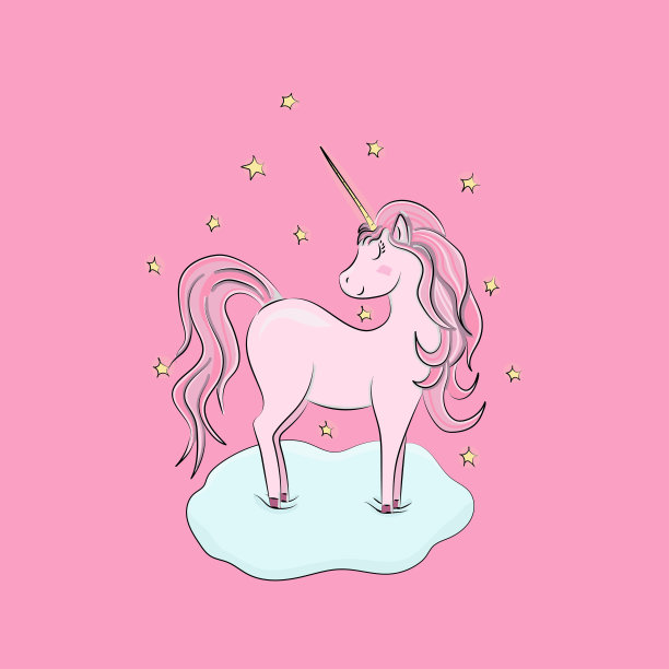 美丽的粉红色独角兽在云中与星星。图片下载