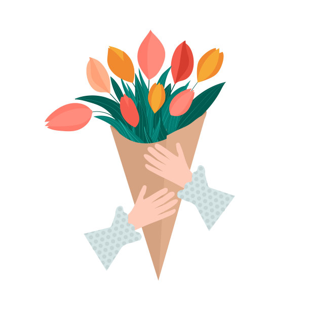 一个女人手里拿着一束郁金香。春天的概念。平面向量插图。图片下载