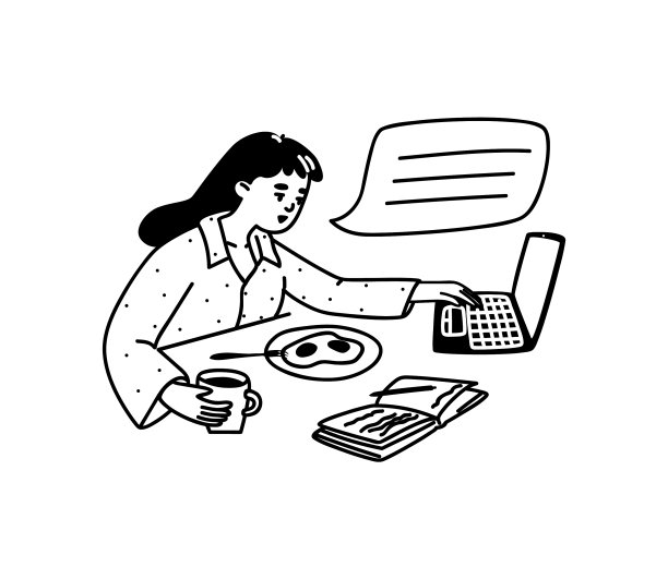 手绘的年轻女子正在吃早餐图片下载