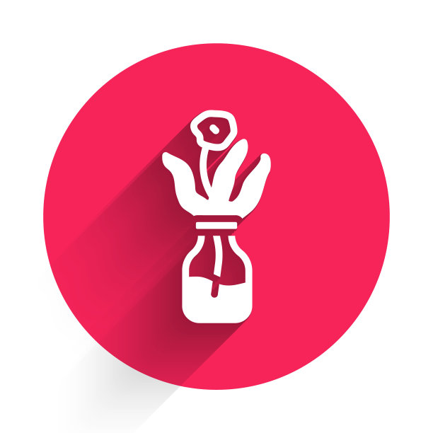 白色的花在玻璃瓶图标孤立与长影子。红色圆圈按钮。向量图片下载