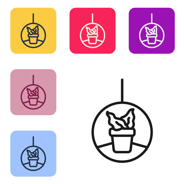 黑线植物在悬挂罐图标孤立在白色背景。装饰流苏手工花盆衣架，悬挂室内植物。设置图标的颜色方形按钮。向量图片下载