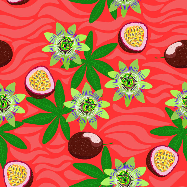 花卉无缝模式，西番莲和西番莲果在粉红色的背景。图片下载