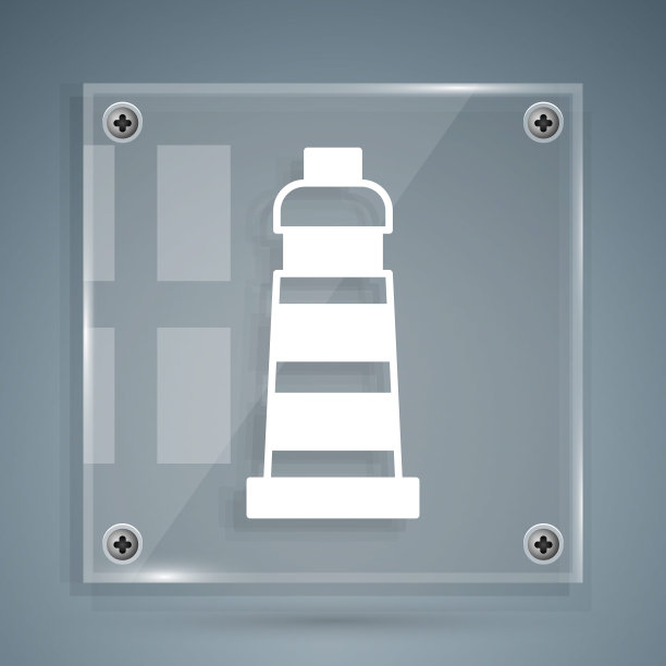 白色的灯塔图标孤立在灰色的背景。方形玻璃面板。向量图片下载