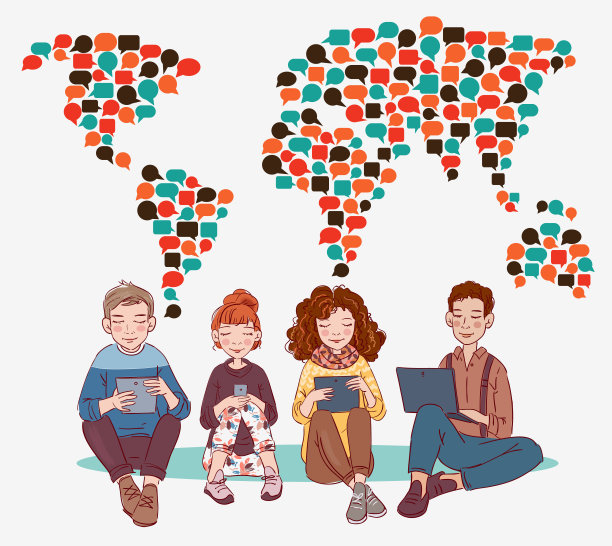 使用数码设备的年轻人。沟通，社交媒体和连接插图。世界地图由彩色的语音泡泡。翻译、语言译员和沟通载体的概念图片下载