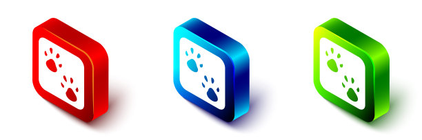 等距爪印图标孤立在白色背景。狗或猫的爪印。动物跟踪。红色，蓝色和绿色的方形按钮。向量图片下载