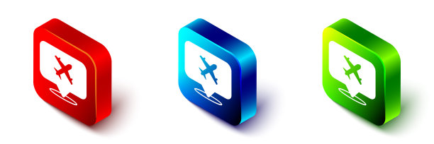 等距语音气泡与飞机旅行图标隔离在白色背景。飞机飞行运输标志。节日的象征。红色，蓝色和绿色的方形按钮。向量图片下载