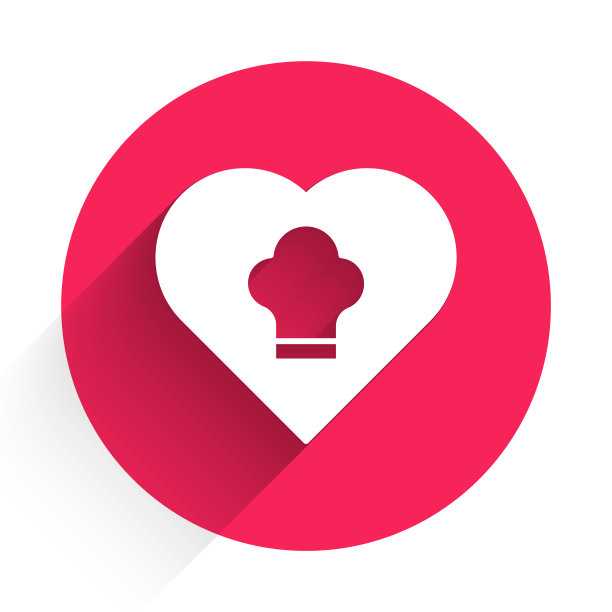 白色厨师帽图标孤立与长影子。烹饪的象征。厨师的帽子。红色圆圈按钮。向量图片下载