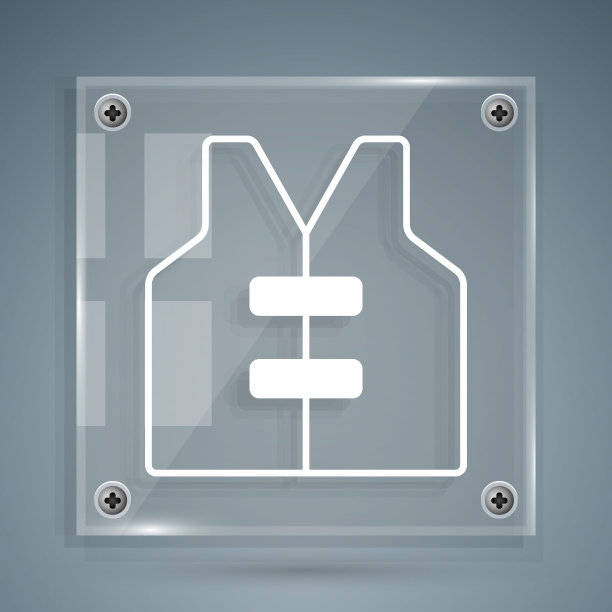 白色救生衣图标孤立在灰色背景。救生衣图标。极限运动。运动设备。方形玻璃面板。向量图片下载