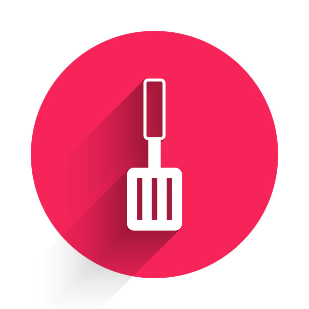 白色烧烤抹刀图标孤立与长影子。厨房抹刀图标。烧烤抹刀迹象。烧烤和烧烤工具。红色圆圈按钮。向量图片下载