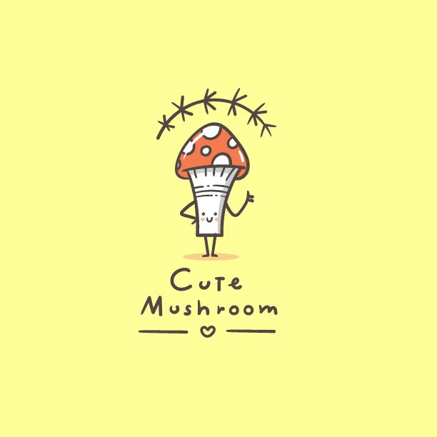 卡片上有可爱的卡通蘑菇。有趣的涂鸦人物。轮廓矢量打印。图片下载